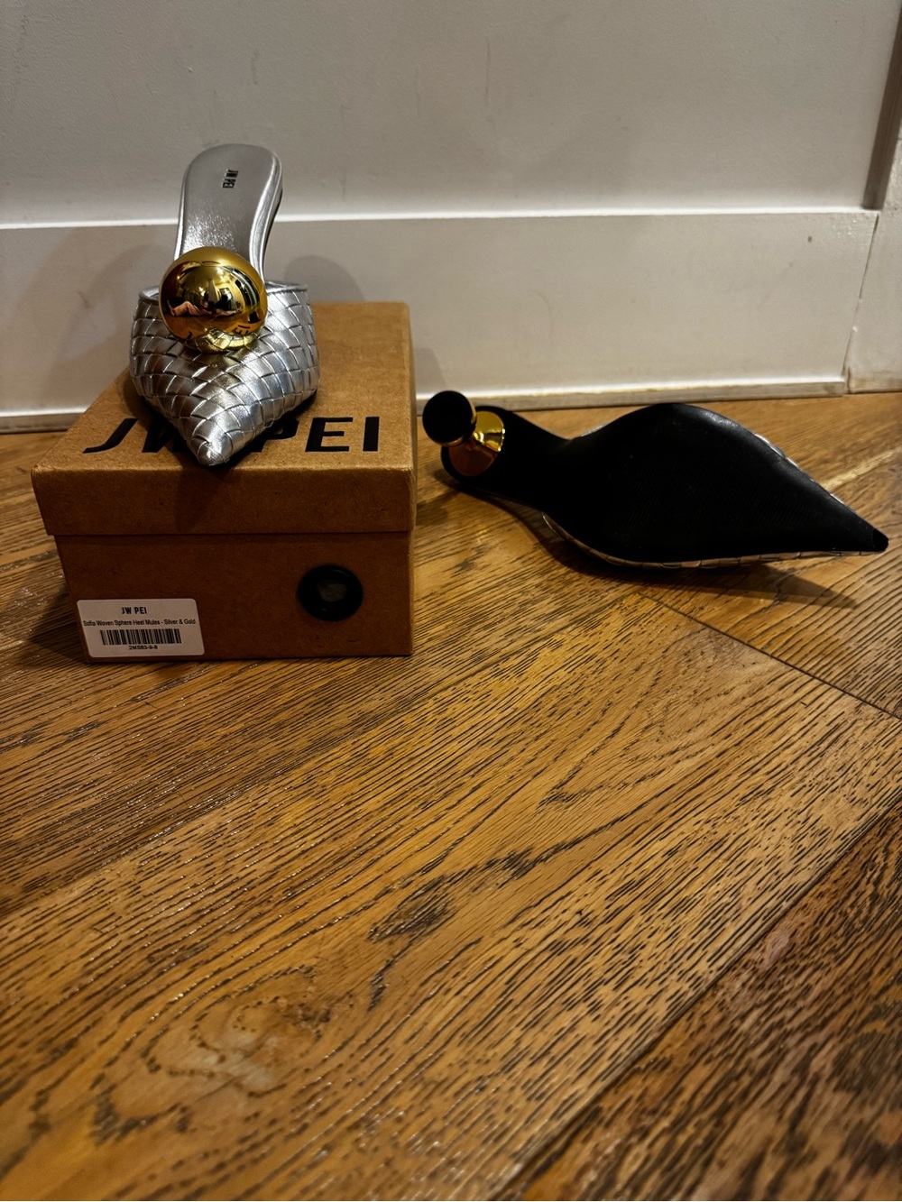 JW PEI Silver Woven Pointed Mule with Gold Orb Heel - Picture 2 of 4
